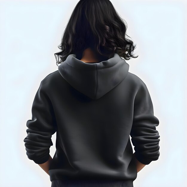 Woman in a black hoodie on a white background rear view