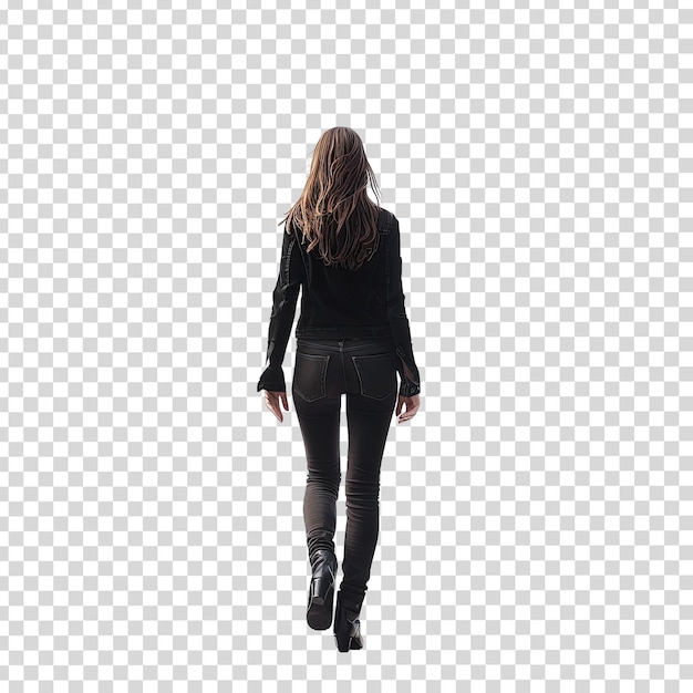 PSD una donna con una giacca nera e jeans si trova di fronte a uno sfondo bianco