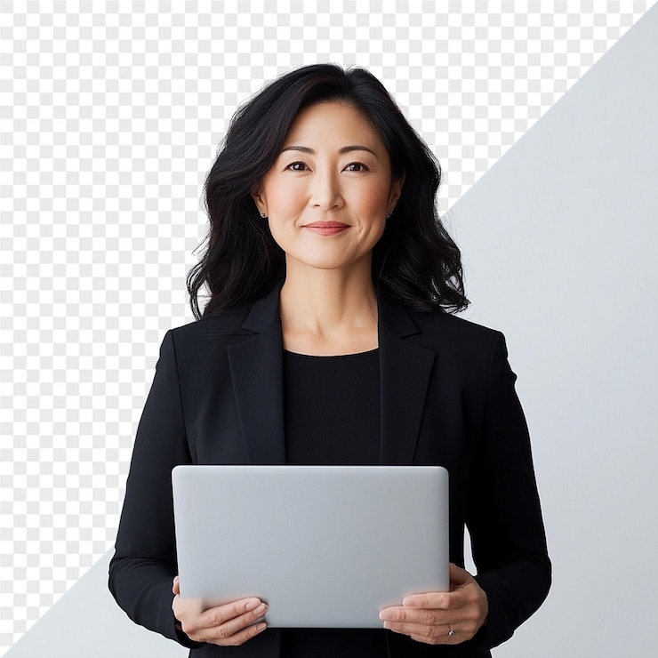 PSD 검은색 의상을 입은 여성이 색 배경 앞에 노트북을 들고 있다.
