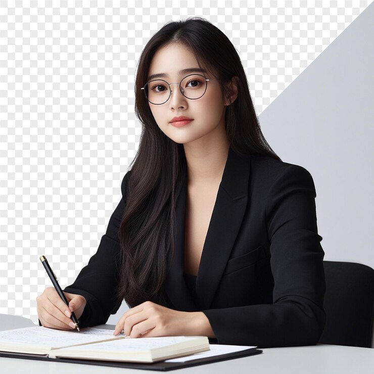 PSD 검은색 의상을 입은 여자가 책상에 앉아 펜과 펜을 손에 들고 있다.
