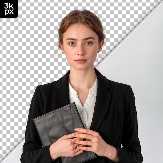 PSD a woman in a black suit with a black jacket on her arm