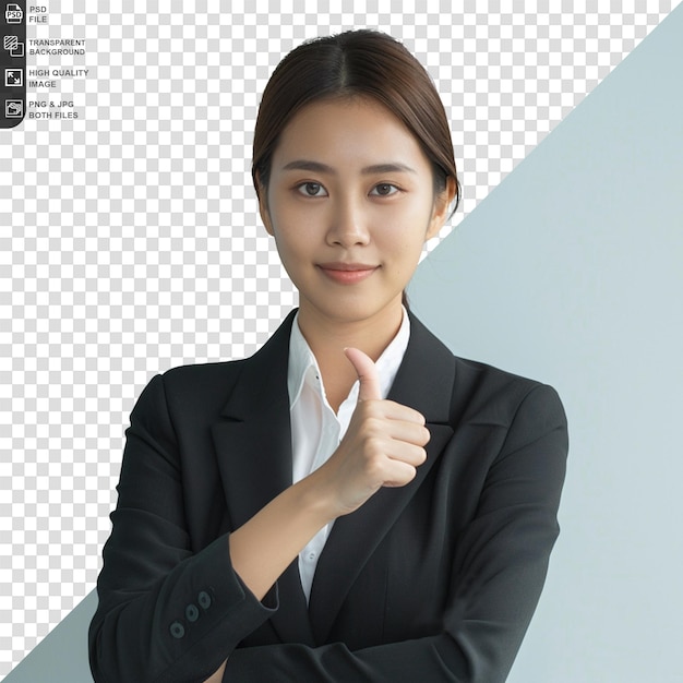 PSD a woman in a black suit with a white shirt on her left hand