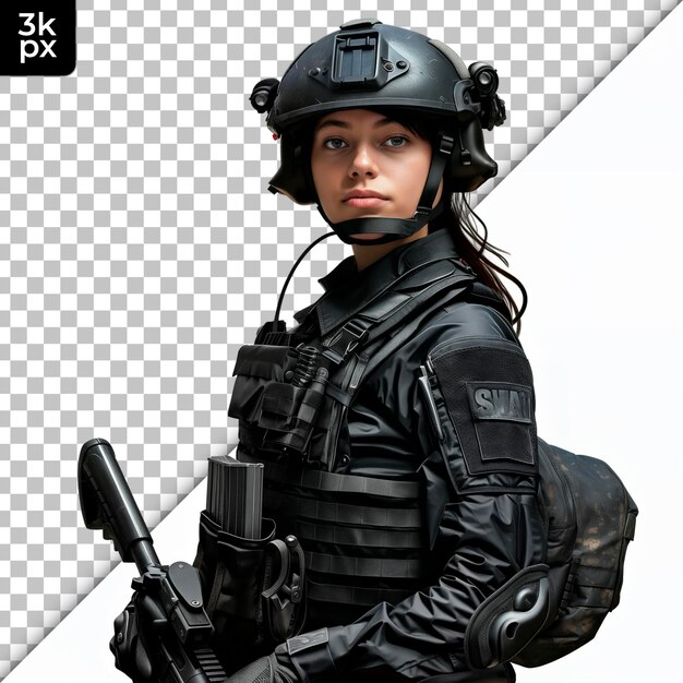 PSD a woman in a black uniform with a gun on her head and the words k - k - k on the back