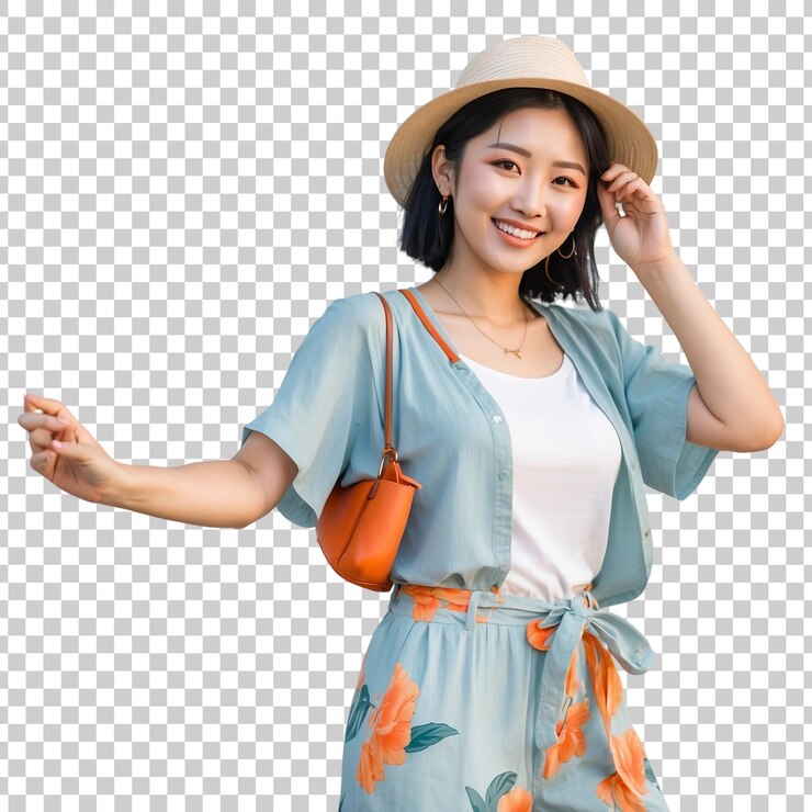 PSD 머리에 드백을 들고 파란 드레스를 입은 여자