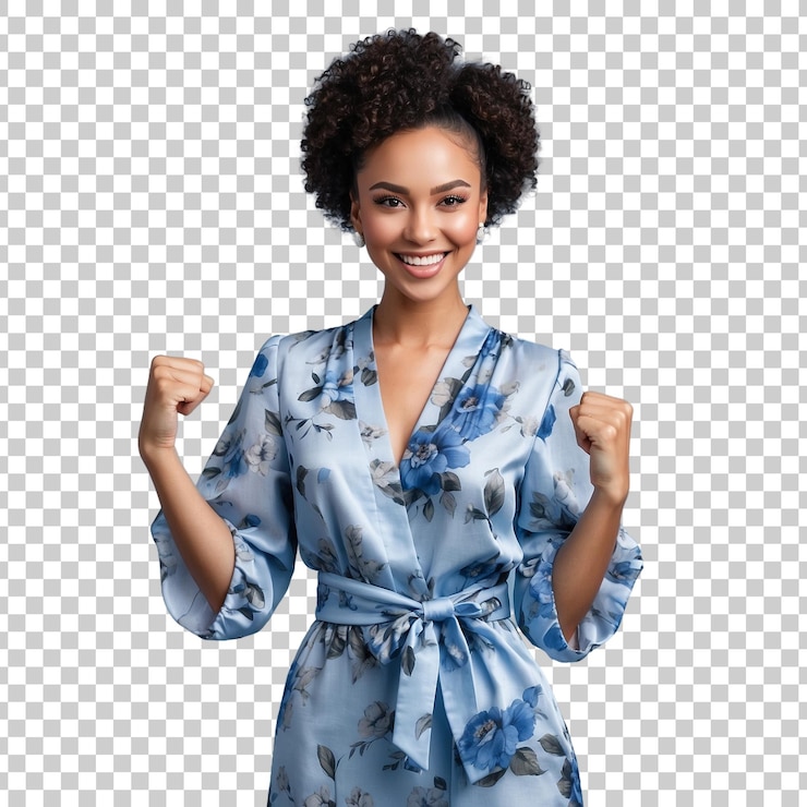 PSD a woman in a blue kimono with her hands up a white background