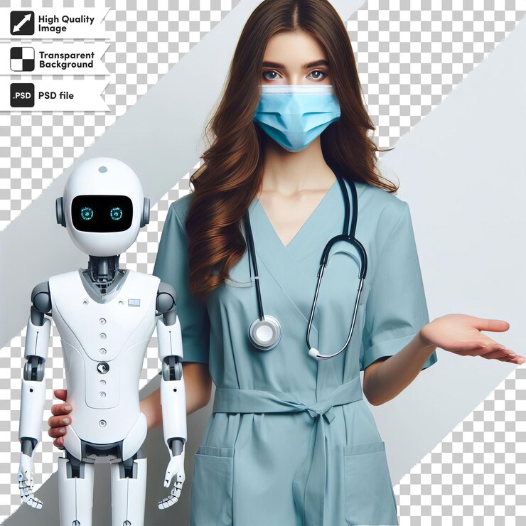 PSD a woman in a blue scrubs uniform holds a robot