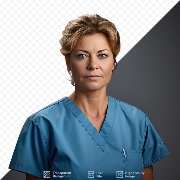 PSD a woman in a blue scrubs uniform with the words 