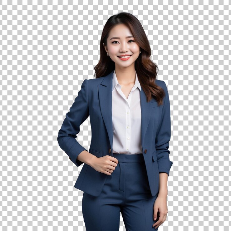PSD 푸른 셔츠와 파란 셔츠를 입은 여성이 투명한 배경에 고립되어 있습니다.