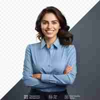 PSD a woman in a blue shirt stands in front of a screen with her arms crossed.