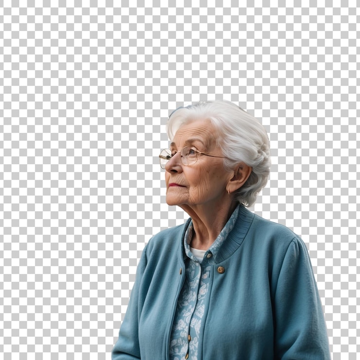 PSD a woman in a blue shirt stands in front of a white background