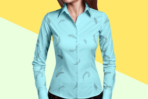 PSD a woman in a blue shirt with a leaf pattern on it