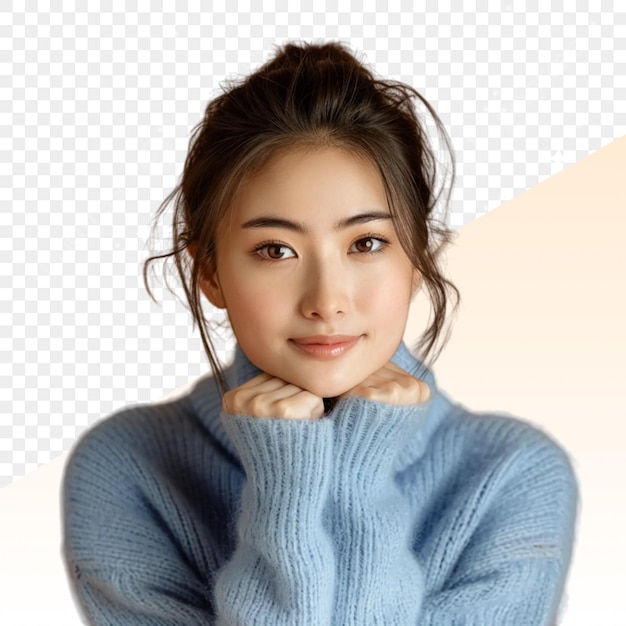 白い背景と白い背景の青いスウェットを着た女性