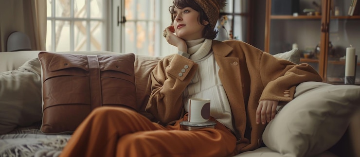 PSD 茶色のコートとオレンジ色のズボンを着た女性がソファに座って手にカップを持ち窓から外を見ています