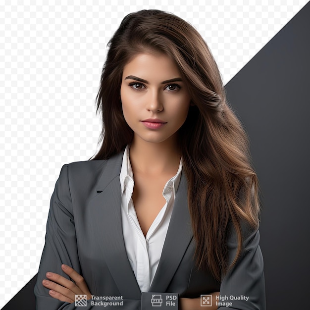 PSD a woman in a business suit stands in front of a screen with the words 