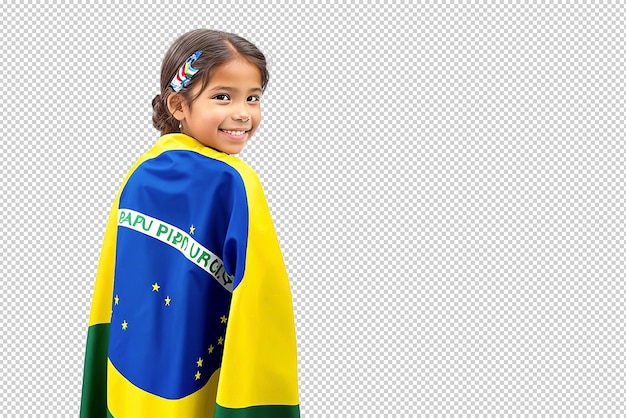 Woman celebrating brazil independence day wrapped in country flag cinematic sunset city background