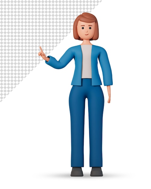 Woman character in costume point to somewhere 3d illustration