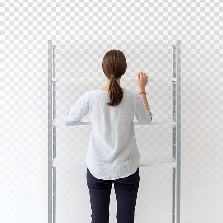 PSD woman cleaning high shelves in bright space
