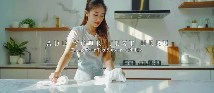 PSD woman cleaning kitchen counter with white towels