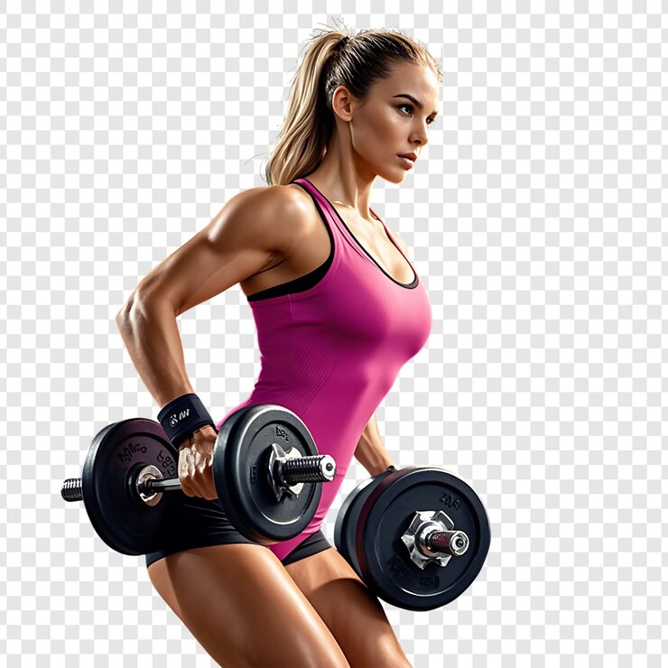 PSD woman confidently lifting weights during her workout isolated on a transparent background