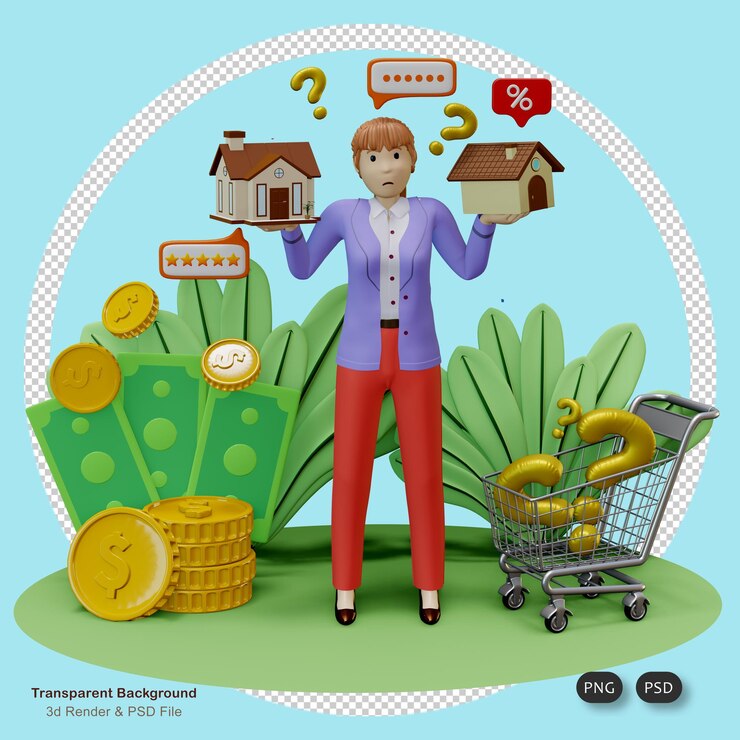 PSD woman confused about choosing a house illustration, 3d render