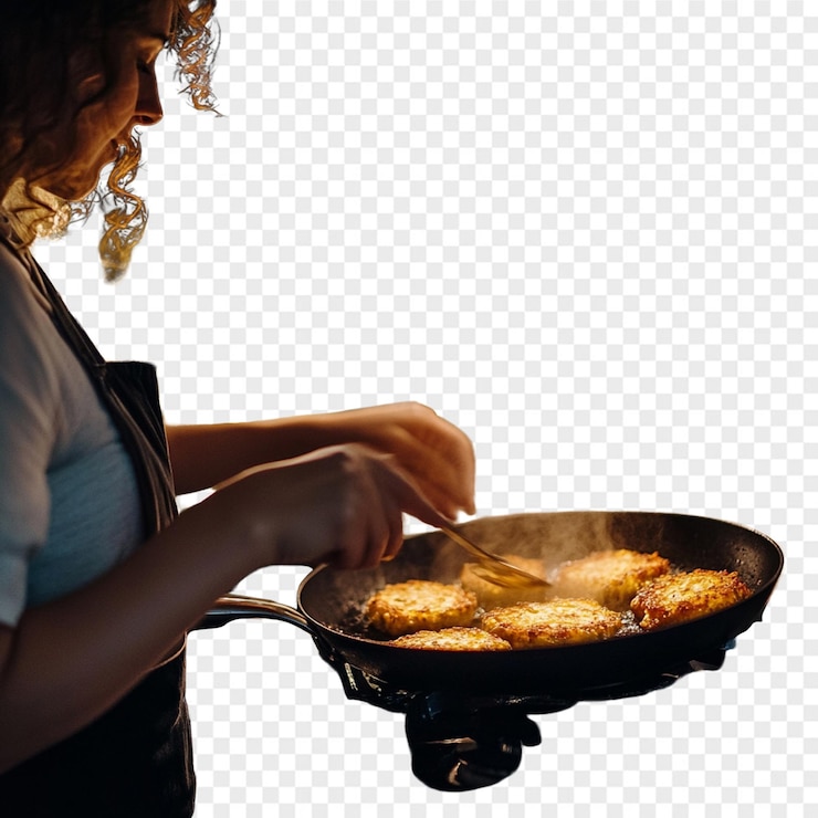 PSD a woman cooking food in a pan with a grated background