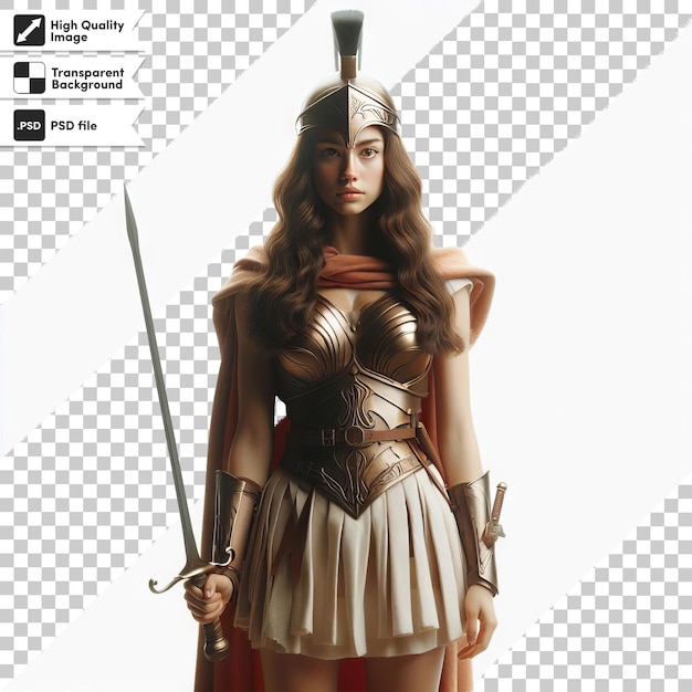 PSD a woman in a costume with a sword and shield on it