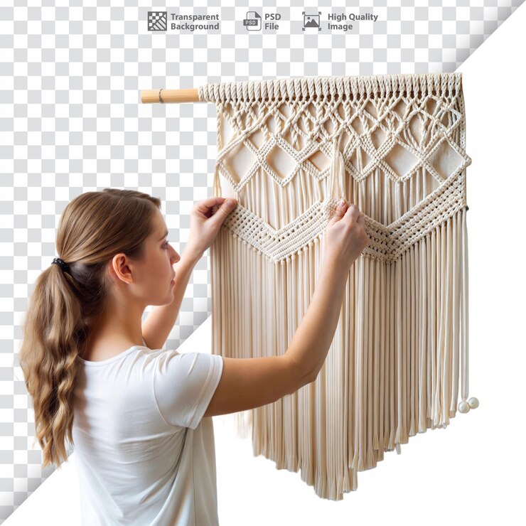 PSD woman creating a macrame wall hanging showcasing her craftsmanship