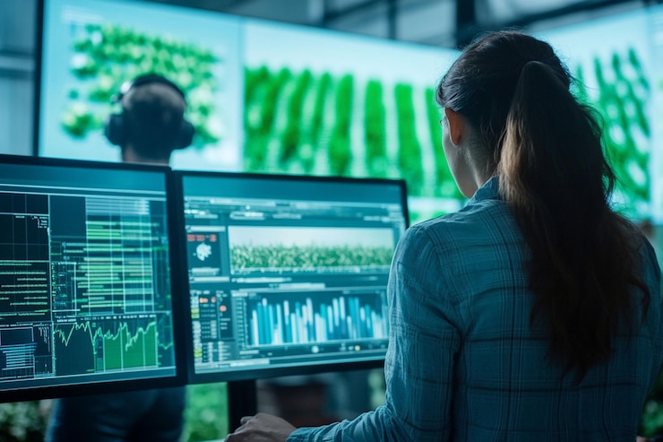 PSD woman data scientist analyzing environmental data on multiple monitors