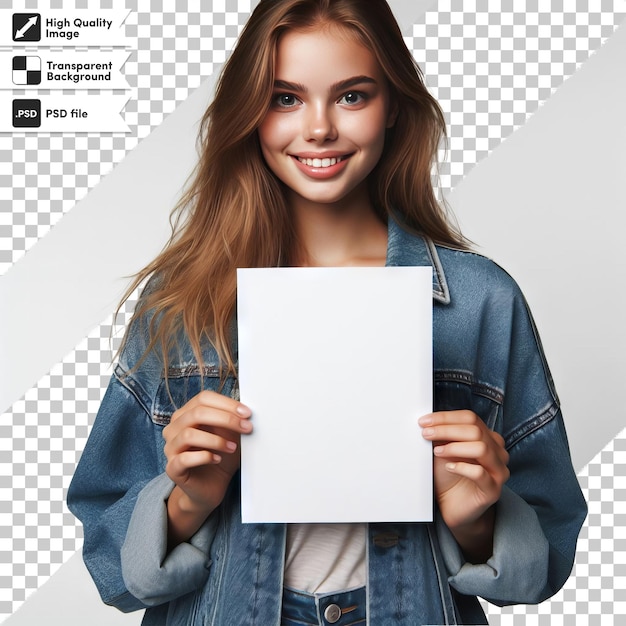 PSD a woman in a denim jacket holds up a blank paper