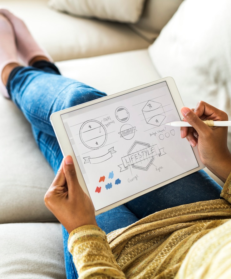 PSD woman designing banner icon on digital tablet