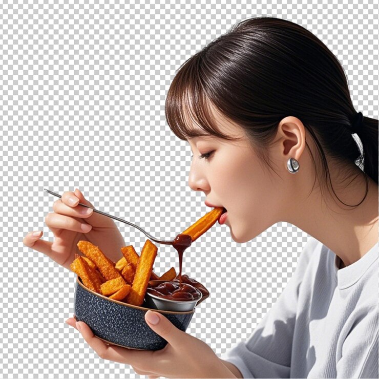 PSD 여성이 사우스 투명한 배경에 달한 감자 김을 고 있습니다.