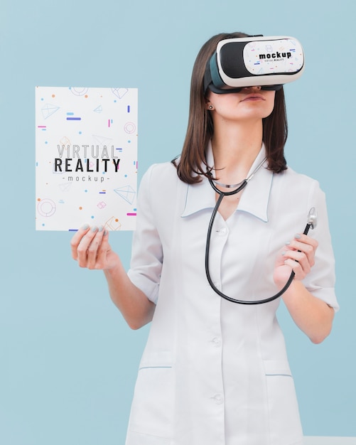 Woman doctor wearing virtual reality headset