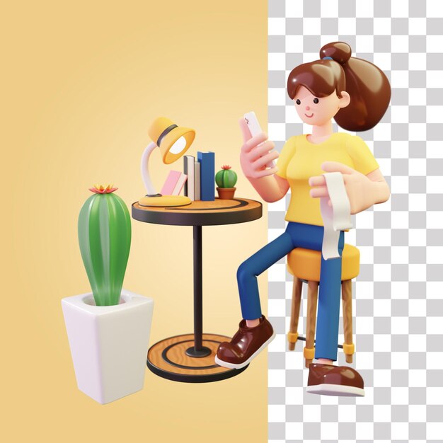 PSD woman doing online bill payment 3d illustration