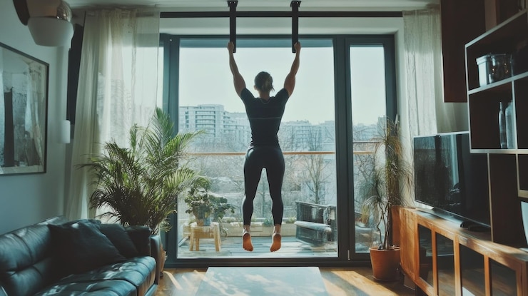 PSD woman doing pullups at home gym