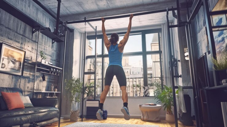 PSD woman doing pullups in home gym