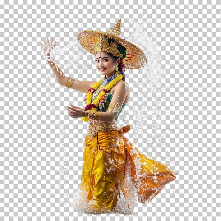 PSD woman dressed in traditional thai attire against transparent background for cultural festival promotions songkran themed designs or traditional clothing showcases