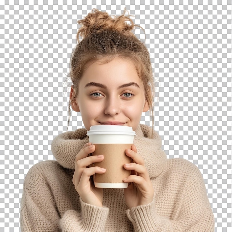 PSD woman drinking coffee isolated on transparent