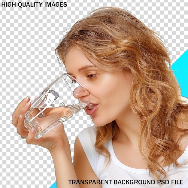 a woman drinking from a glass with a picture of a water bottle in it