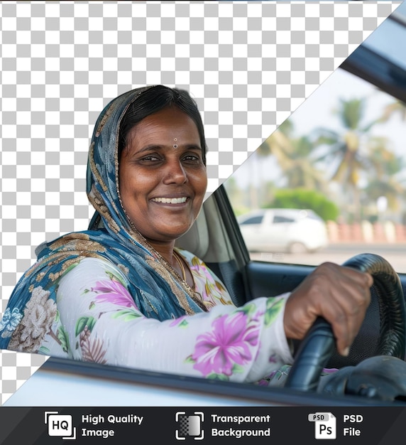 PSD una donna che guida una macchina con una foto di una donna che conduce