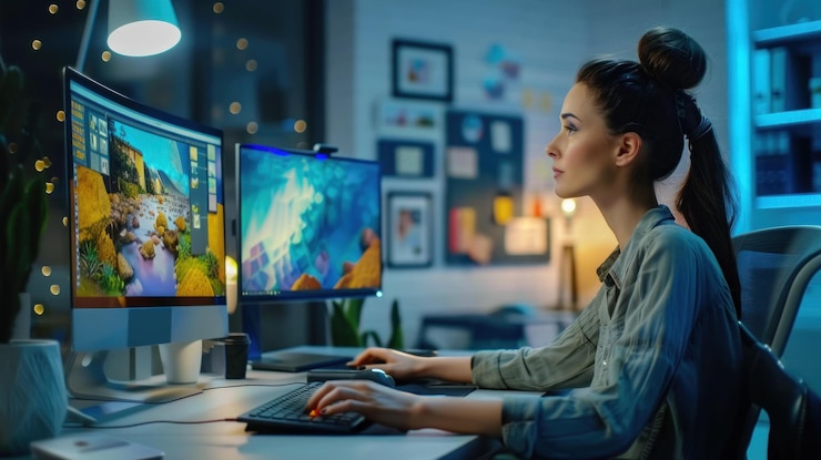 PSD woman edits photos on dual monitors at night