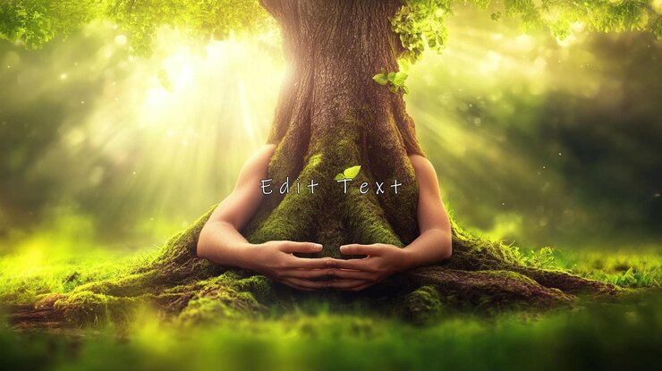 PSD woman embracing a large tree trunk in a sunlit forest