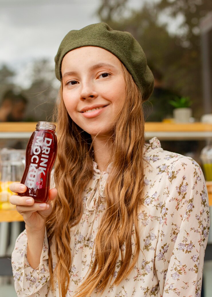 PSD woman enjoying a drink from mock-up container