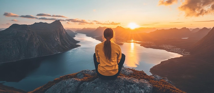 PSD woman enjoying sunset over mountains