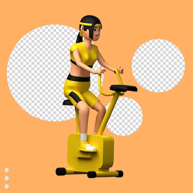 A woman on an exercise bike with a yellow shirt and black shorts.