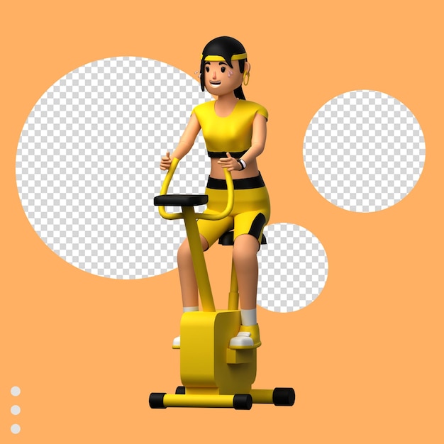 A woman on an exercise bike with a yellow shirt and shorts