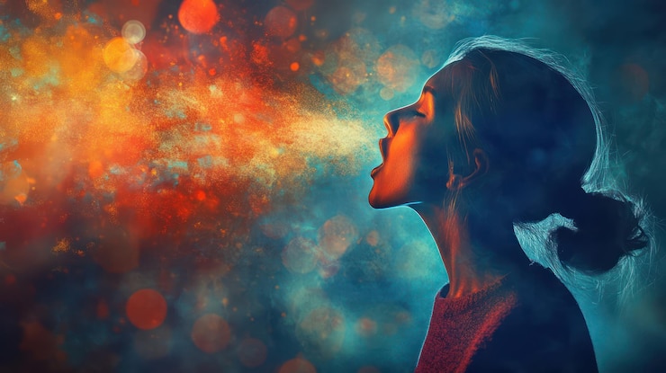 PSD woman exhaling into a cosmic mist