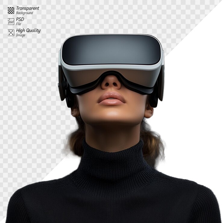 PSD woman experiencing virtual reality with vr headset on transparent background