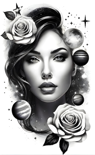 PSD woman face tattoo design with roses planets and stars in realistic style