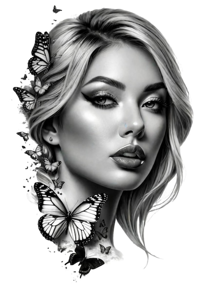 PSD woman face with butterflies around realistic tattoo design