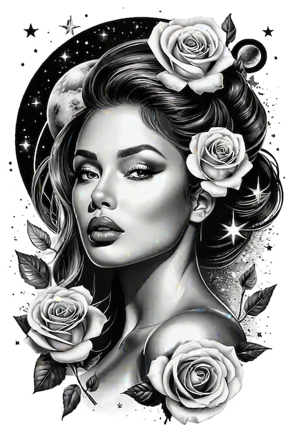 PSD volto di donna con rose pianeti stelle e galassie disegno di tatuaggio realistico